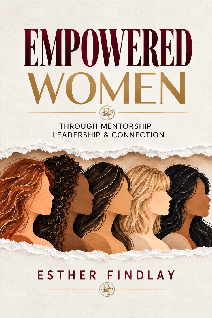 Front cover of Empowered Women by Esther Findlay: Through Mentorship, Leadership and Connection, with five women in profile behind a torn sheet of paper.